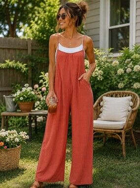 Women's Coral Red Cotton Wide Leg Romper